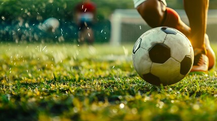 Water droplets splash as a soccer player's foot is about to strike a wet soccer ball, showing the dynamic nature of the sport