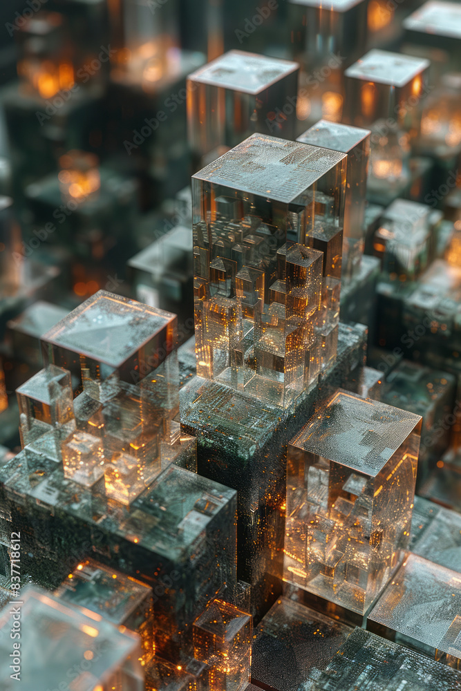 Poster a close-up of a pixel grid with 3d cubes creating a detailed, abstract city map,