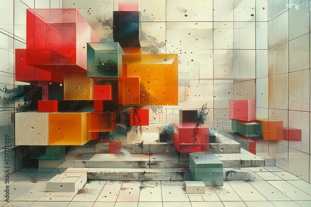 Poster an abstract design of 3d cubes in a pixel grid, with some cubes appearing to float above the grid,