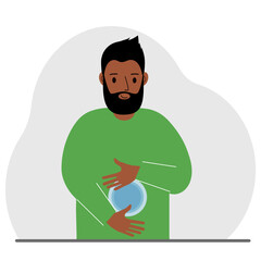Healthy intestines or stomach. The man keeps his hands on his stomach. Vector flat illustration.
