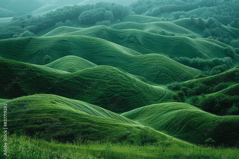 Poster an abstract representation of rolling hills with gradient curves in various shades of green,