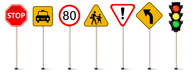 Set of road signs, Traffic signs. Stop, Taxi, Maximum speed, School crossing, Danger, Left curve, Traffic light symbol.