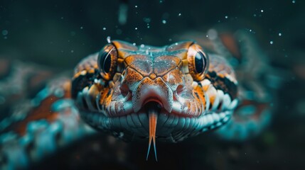  A tight shot of a snake's face, adorned with water droplets on its body and head Its mouth is agape against a backdrop of dark, watery depth