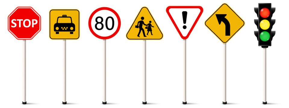 Naklejki Set of road signs, Traffic signs. Stop, Taxi, Maximum speed, School crossing, Danger, Left curve, Traffic light symbol.