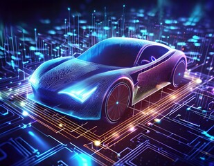 ai concept car Powerful acceleration of a supercar on a night track with colorful lights and trails