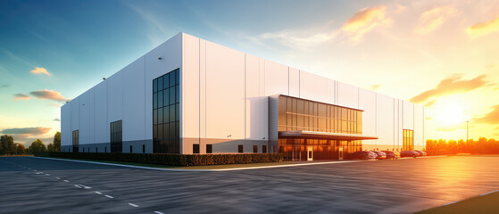 Obraz premium Modern Warehouse Exterior at Sunset