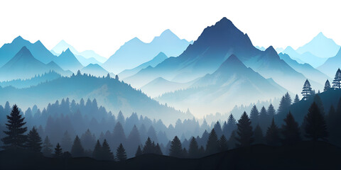 Obraz premium Misty blue mountain landscape with pine trees png isolated on transparent background