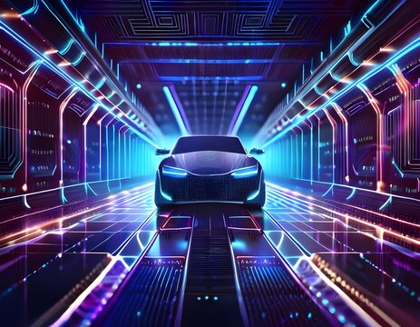 ai concept car Powerful acceleration of a supercar on a night track with colorful lights and trails