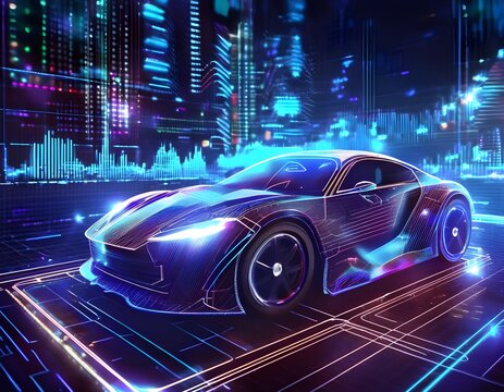 ai concept car Powerful acceleration of a supercar on a night track with colorful lights and trails