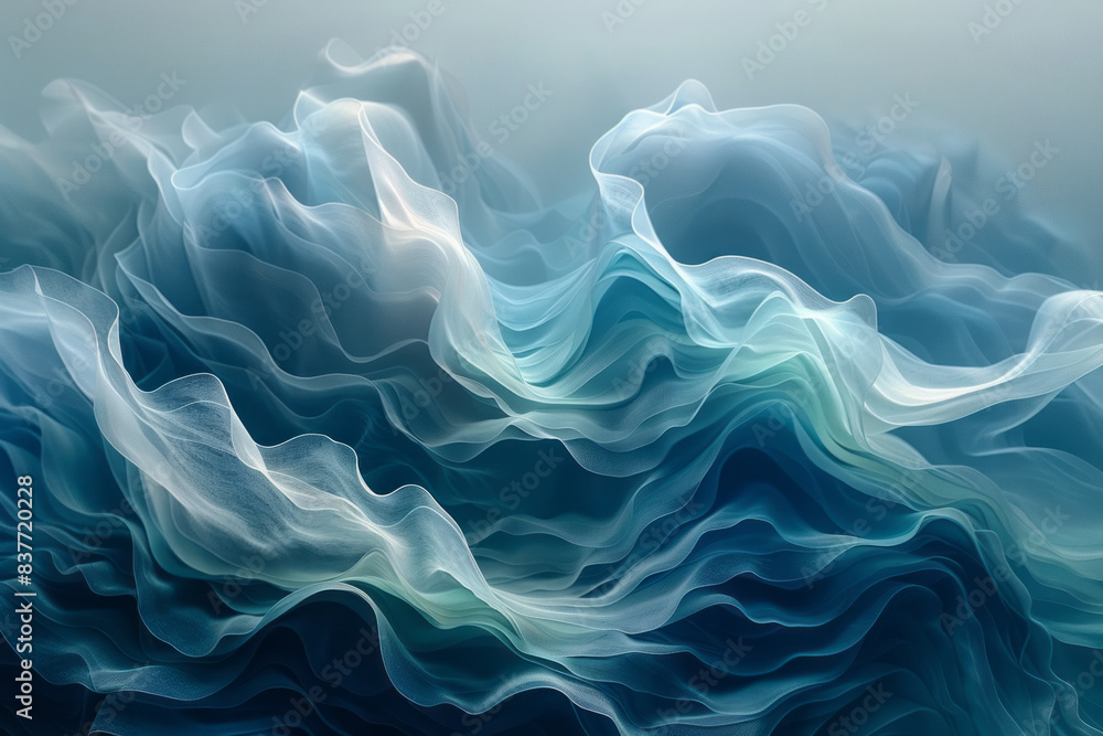 Poster abstract waves with gradient curves that transition from deep blues to vibrant turquoise,