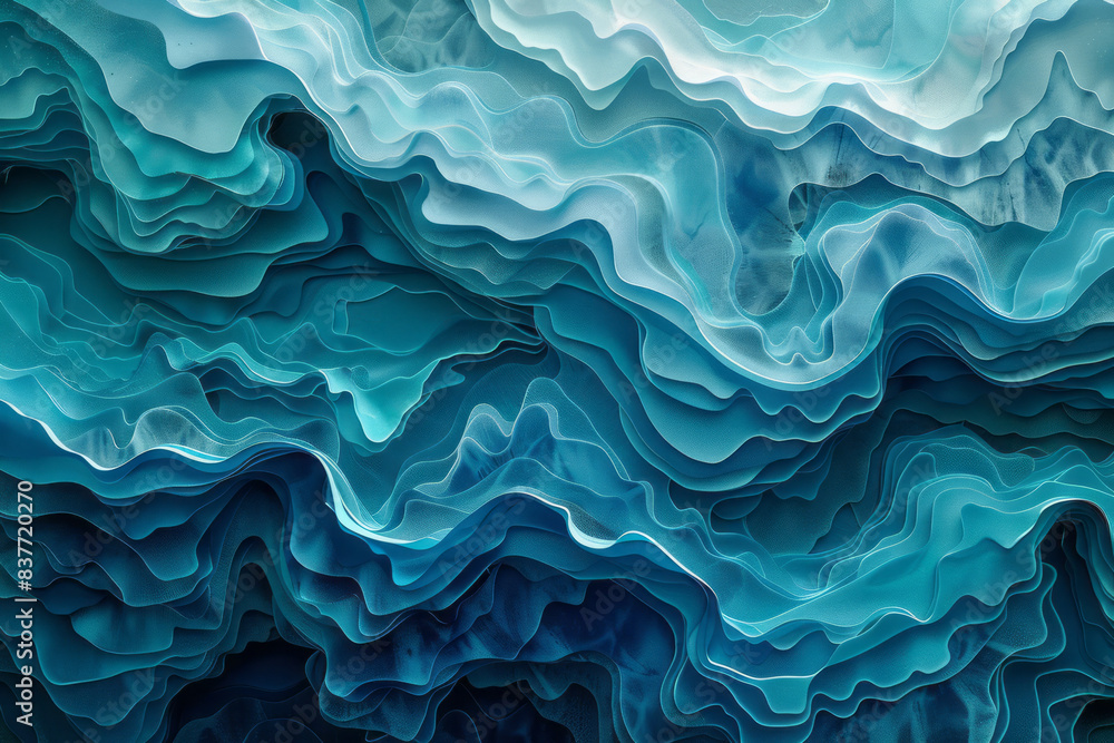 Poster abstract waves with gradient curves that transition from deep blues to vibrant turquoise,