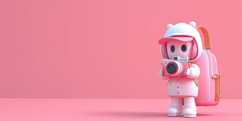 A pink and white cartoon character holding a camera. AI.