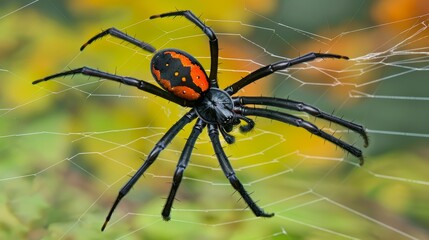 Obraz premium A detailed shot of a spider displaying red and black markings on its dorsal side, and yellow and black spots on its abdominal front