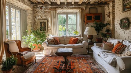 Fototapeta premium Charming Provencal living room, featuring rustic stone walls and wooden ceiling beams. cozy sofa, vibrant throw pillows, and traditional furniture create warm