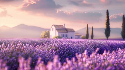 Charming countryside cottage in a lavender field at sunset, with mountains in the background and...
