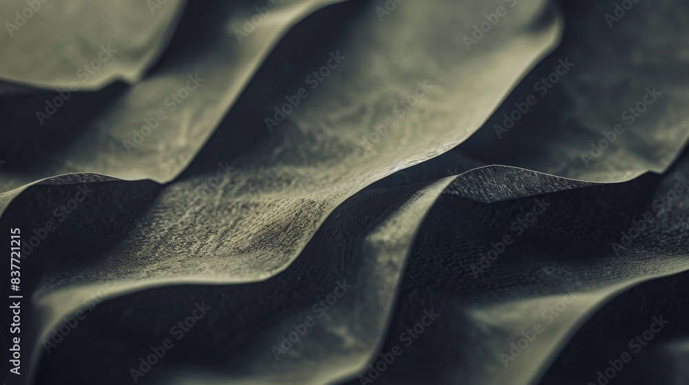 Poster close-up abstract image of dark, wavy textured surface, emphasizing curves and depth with natural li