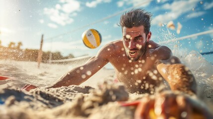 Muscular man playing volleyball at the beach, diving to return a ball, representing sports and active lifestyle