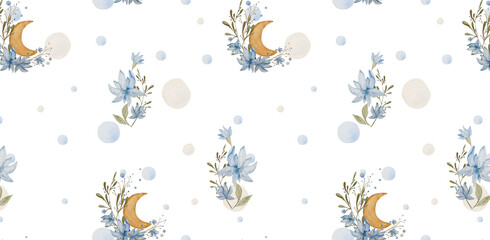 Seamless Pattern. Bouquet Blue Attractive Flowers with Leaves, Twigs. Composition with Flowers and Moon. On Background Abstract Watercolor Spots. For Children's Room, Frame, Posters, Websites, Cards