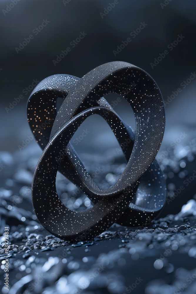 Poster a mobius strip of beads that appear to float in a dark void, connected seamlessly in an infinite loo