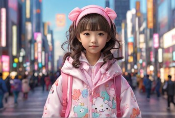 asian girl in pink clothes in the street