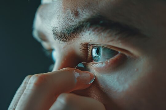 Close-up of man holding contact lens