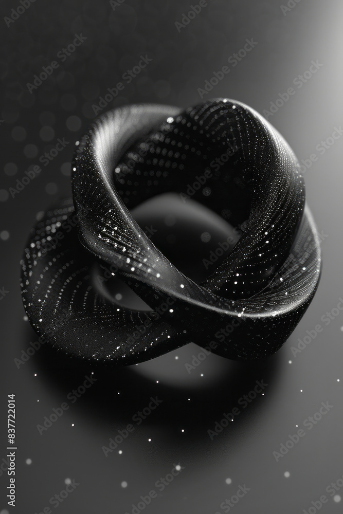 Poster a mobius strip of beads that appear to float in a dark void, connected seamlessly in an infinite loo