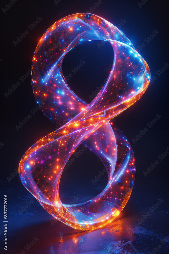Poster a digital rendering of a mobius strip with neon beads that create a vibrant, infinite loop in the da