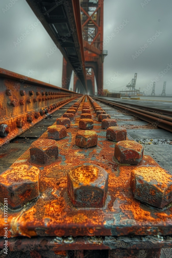 Poster a rusty train track with a bridge in the background. ai.