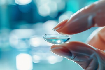 Close up of fingers with pincers holding contact lens and contact lenses case