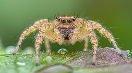  A tight shot of a spider perched on a wet leaf, surrounded by a verdant sea of foliage and adorned with water droplets on its back legs and head