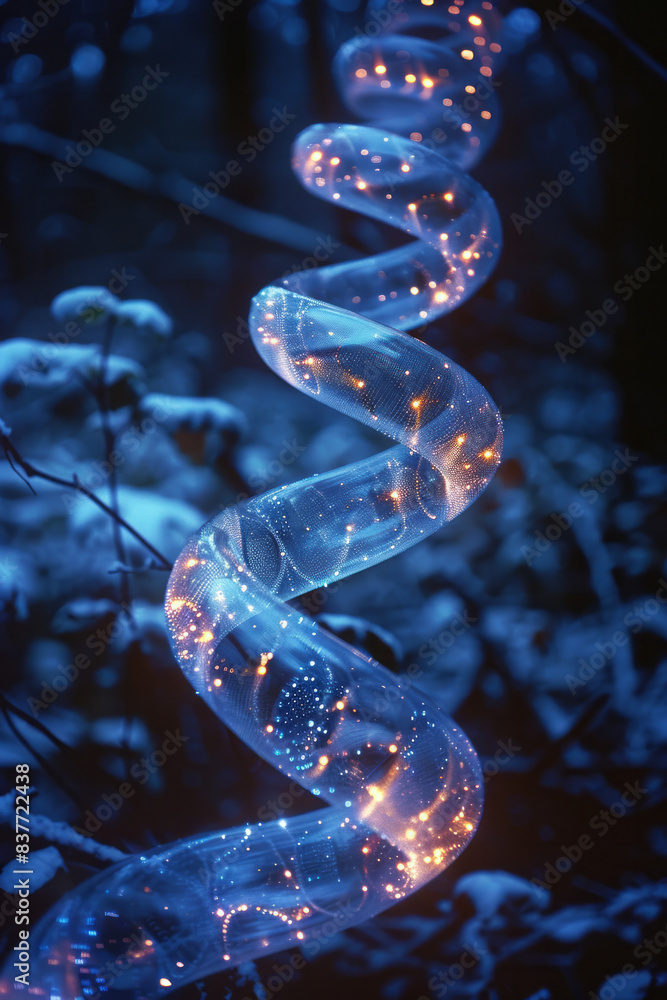 Poster a mobius strip of beads with each bead emitting a soft, pulsating glow, creating a calming effect in
