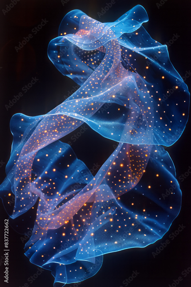 Poster a digital mobius strip with beads that emit a bioluminescent glow, creating a surreal effect in the 