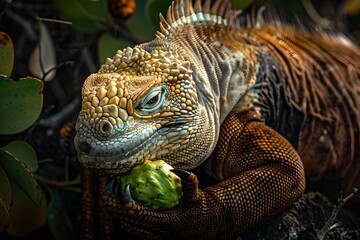 Fototapeta premium Majestic Iguana Savors a Fresh Meal Amongst Lush Greenery. Wildlife in Natural Habitat. Captivating Reptilian Portrait. Generative AI
