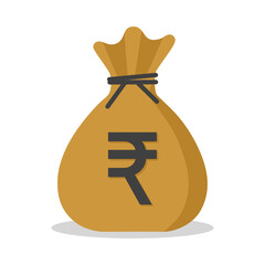 Money sack with Rupee currency symbol in brown color vector illustration. Rupee sack icon. Cartoon sack money bag with full of rupees.