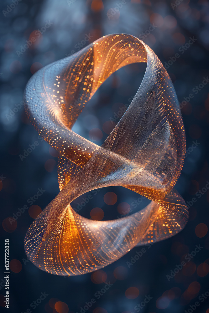 Poster an infinite loop of a mobius strip with beads that flicker like tiny candles, casting a gentle light