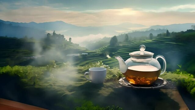 A cup of hot tea with steam coming from it and a teapot on a wooden table against the background of tea plantations at sunset