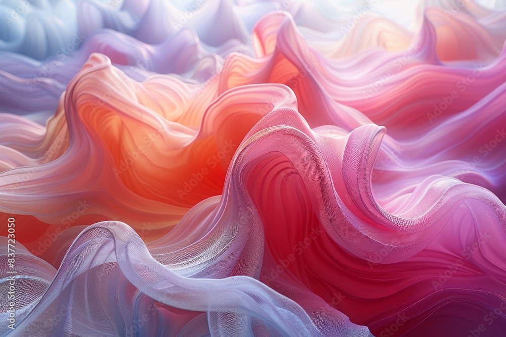 Poster undulating grid patterns with pastel gradients, forming a harmonious and tranquil design,