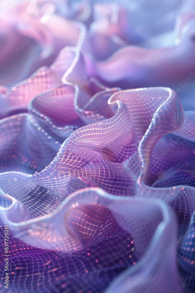 Poster undulating grid patterns in soft pink and lavender tones, creating a serene and peaceful design,
