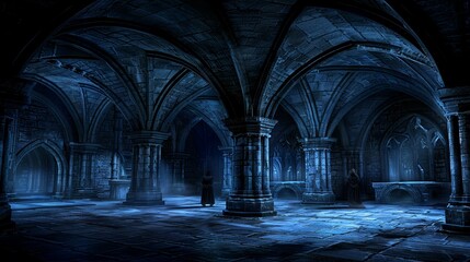 Obraz premium A dark room with columns; a person stands amidst the shadows, as a single light illuminates the floor