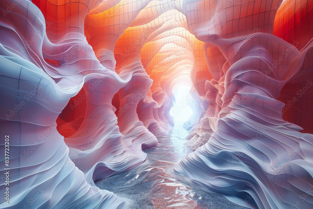 Poster undulating grid patterns with pastel gradients, forming a harmonious and tranquil design,