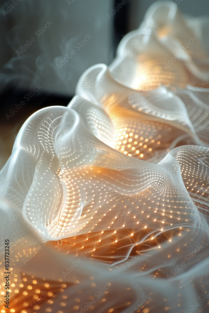 Poster a mesh wave pattern with soft, translucent lines, creating a sense of depth and lightness,