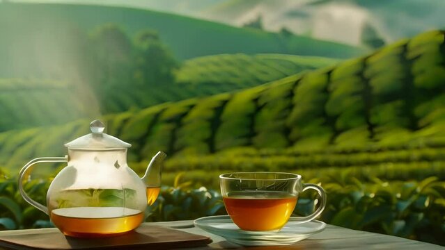 A cup of hot tea with steam coming from it and a teapot on a wooden table against the background of tea plantations at sunset