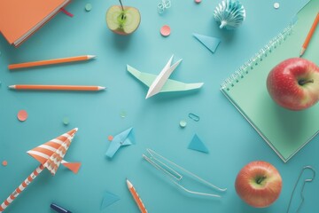 Bunch of school supplies with paper plane and apple on green background. Elevated view.