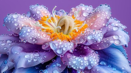  A tight shot of a purple-yellow bloom, petals dotted with water drops Center holds a yellow core encircled by water beads