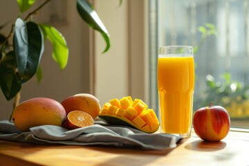 Breakfast with natural mango juice with milk on a kitchen bench with cut fruit. Front view.