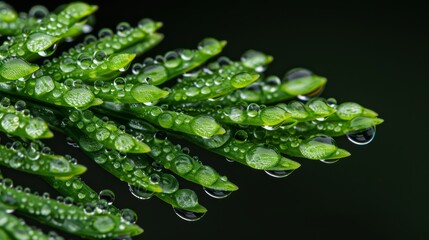  A close-up of multiple water drops on a plant's green stems against a black background is a collection of water droplets on the plant's leaves