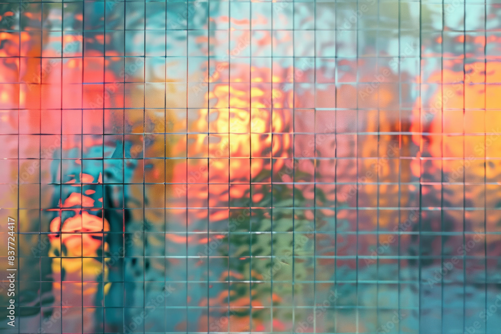 Poster undulating grid patterns with soft, harmonious colors, creating a soothing visual effect,