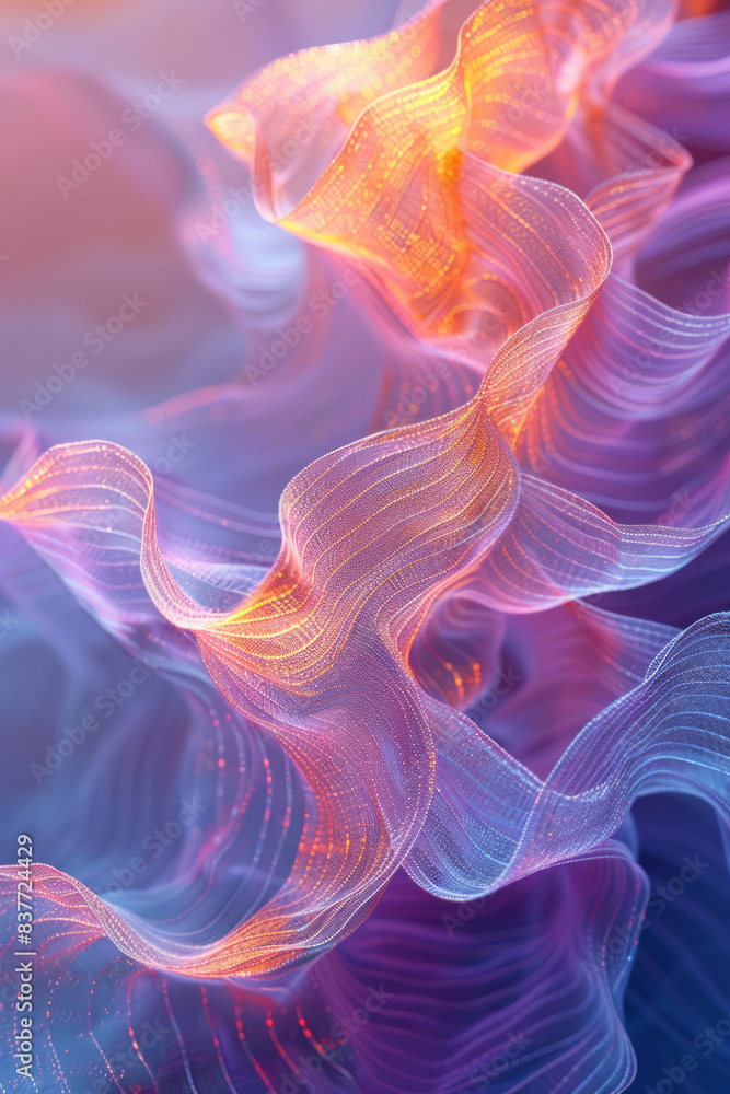 Poster a mesh wave pattern with pastel gradients and a subtle, glowing highlight, enhancing the sense of de