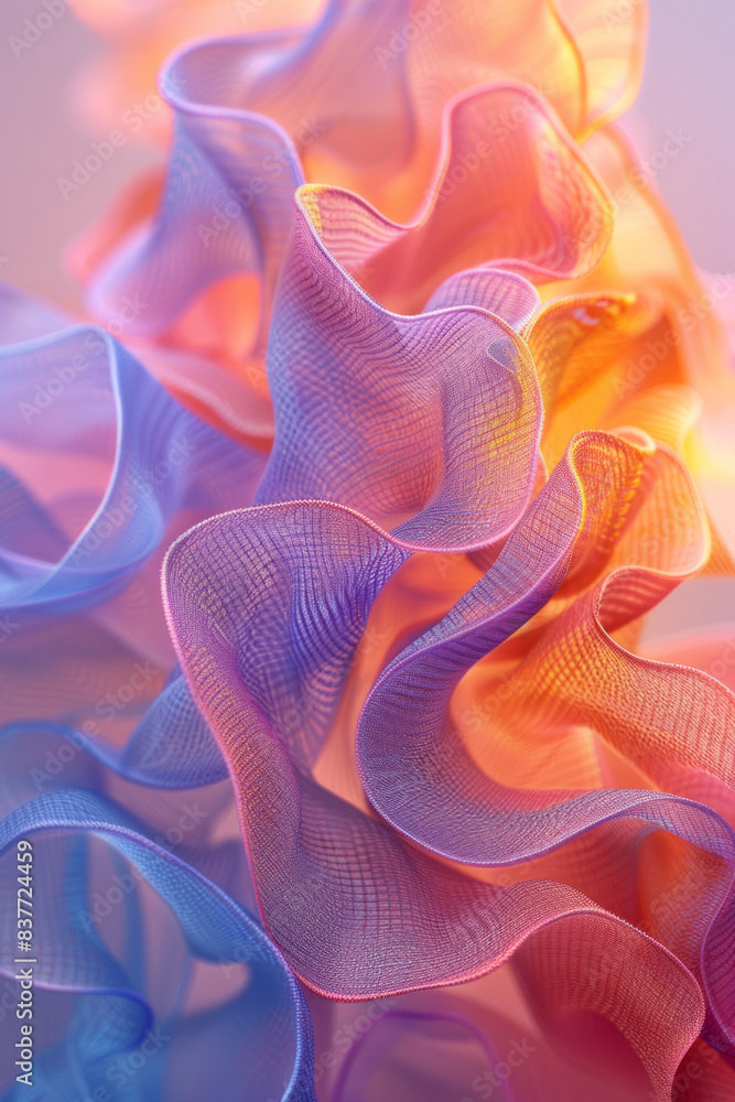 Poster a mesh wave pattern with pastel gradients and a subtle, glowing highlight, enhancing the sense of de