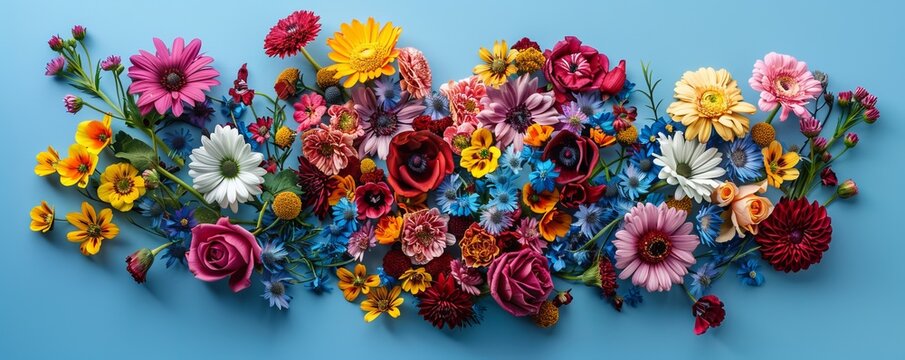 Top view arrangement of colorful flowers with heart shape placed on blue background.